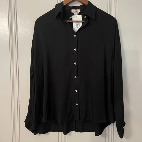 𝅺ANDREE by Unit Button Down Blouse 100% Rayon Black Size Small Oversized - Picture 1 of 10